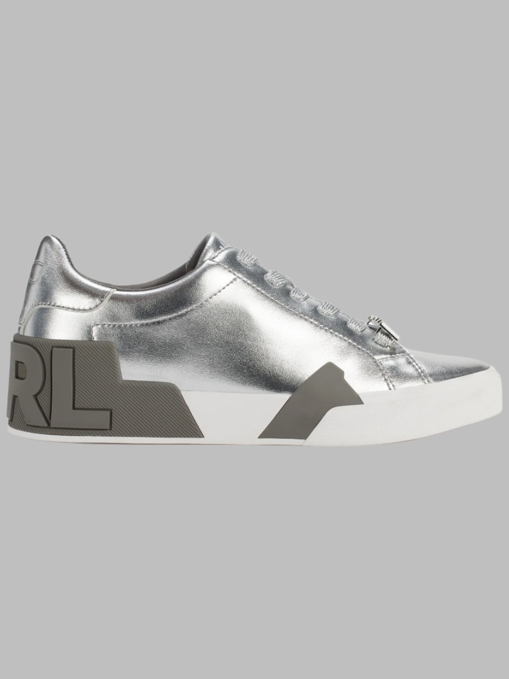 Karl Lagerfeld Silver Metallic Zip-Detail Low-Top Sneaker size 6.5 NWOT